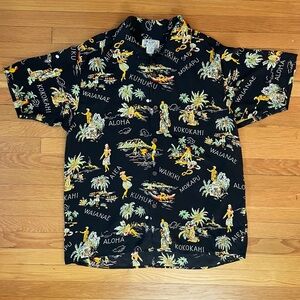 Avanti Hawaiian Aloha Silk Hula Dancer Black Short Sleeve Button Shirt Large
